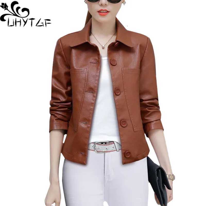 Leather Faux Women's Leather UHYTGF Leather Jacket Women Single-breasted PU Washed Leather Autumn Leather Coat Solid Color Wild Slim Short tops
