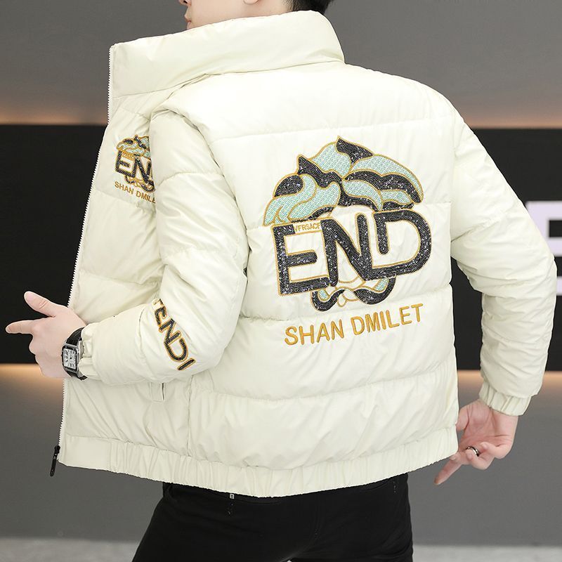 European-Style Trendy Winter Coat, New Men's Thickened Warm Jacket, Slim-Fit Outerwear, Stand-Up Collar, Embroidered, Stylish Cotton Coat