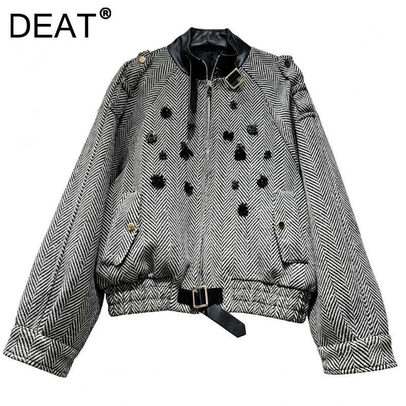 Women's Jackets DEAT 2026 Winter Casual Style Stand Collar Bead Embroidery Jacket For Women PU Leather Button Zippered Short Coats 29A9898 C260
