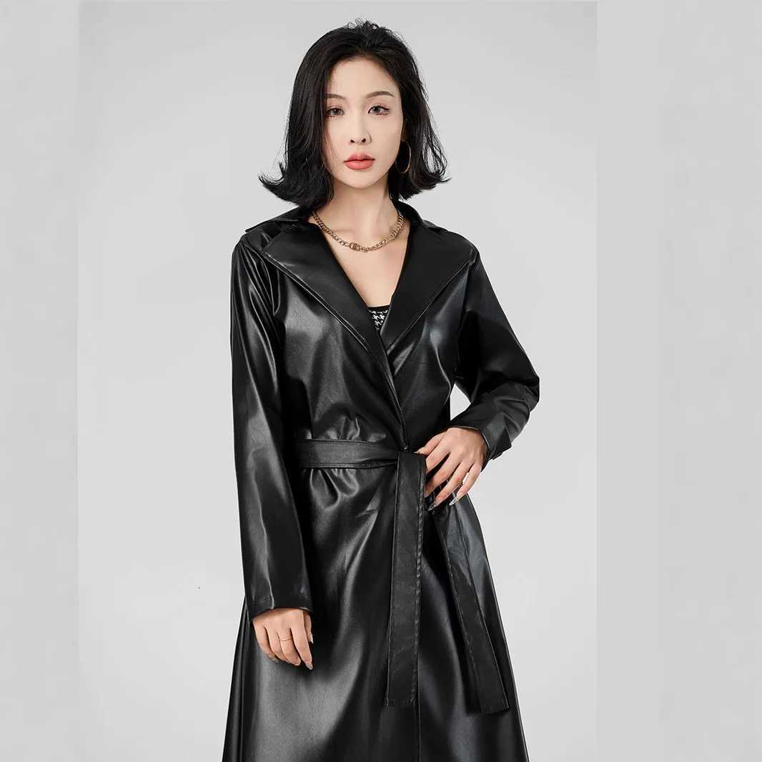 Coats Faux Leather Women Trench Jacket Pu Outerwear Belt Tight Waist Turn Down Collar Autumn Punk Streetwear Windbreaker C260921