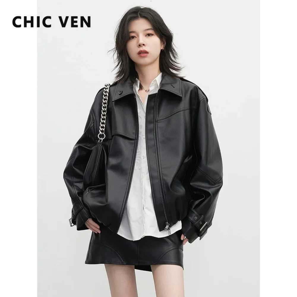 Faux Women's Leather Leather CHIC VEN New Women Faux Leather Coat Solid Streetwear Retro Motorcycle Spicy Girl Female PU Jacket Spring Autumn 2
