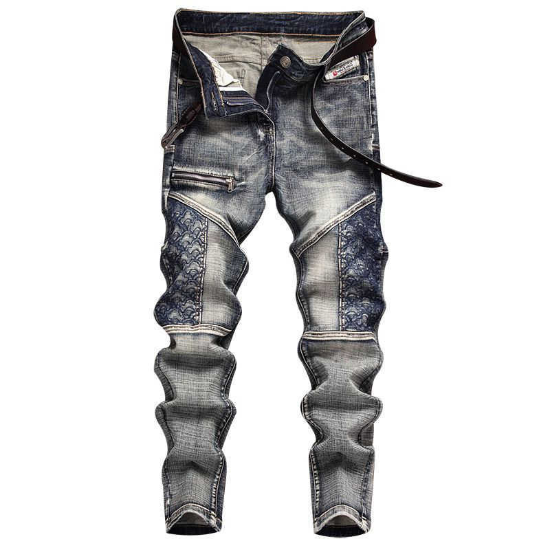 High Men's Jeans Quality Slim Stretch Men's Jeans Streetwear Hip Hop Rock Fashion Embroidery Spliced Retro Denim Pants Spring Trousers T26