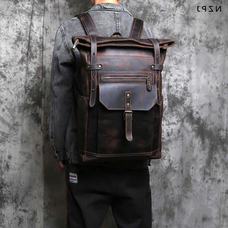 Vintage Backpack Style Genuine NZPJ Leather Men's Backpack Crazy Horse Leather Computer Bag Natural Top Layer Cowhide Backpack Travel Bag H2609