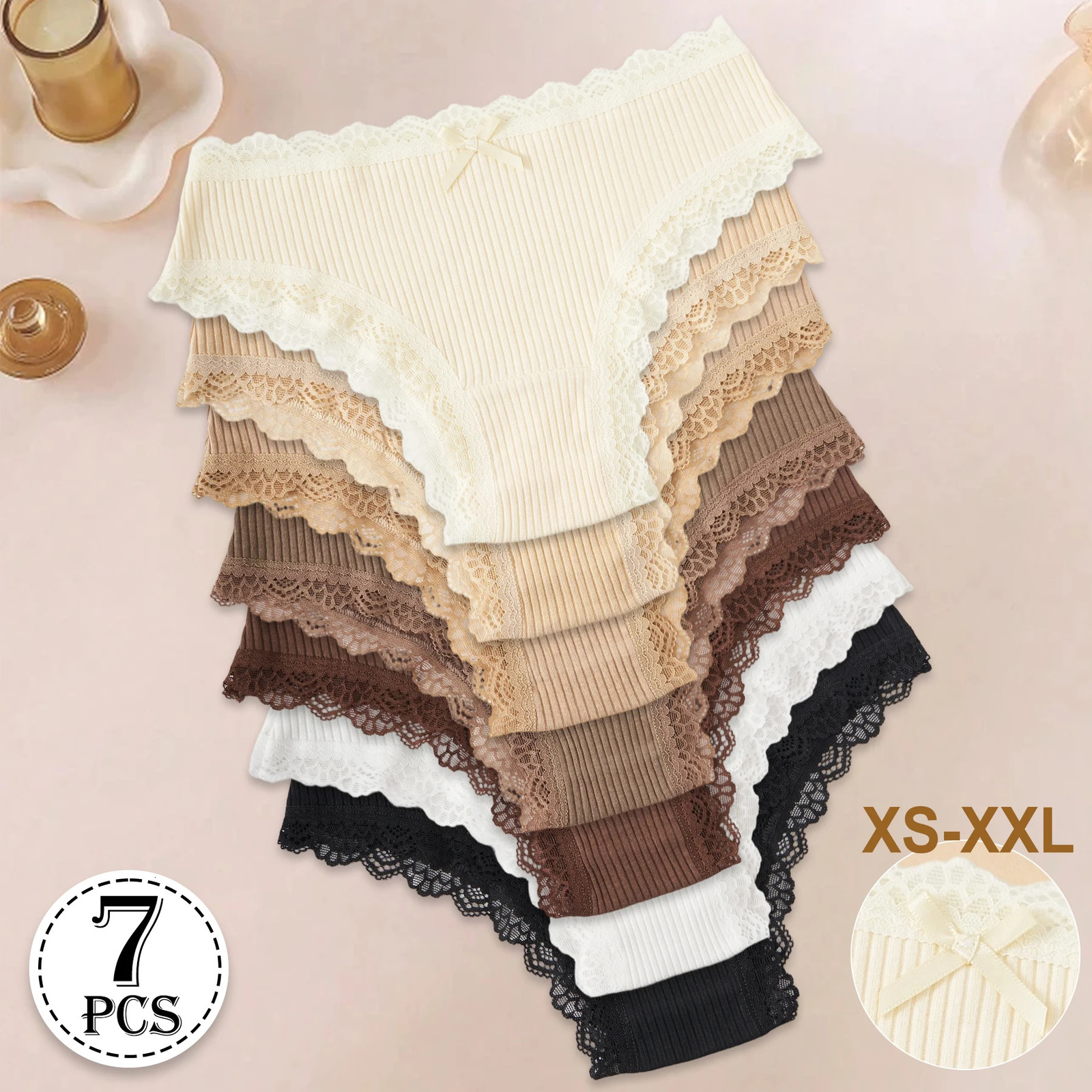 7PCS Fashion Cotton Women's Underwear Solid Color Comfortable Breathable Panties Low-Rise Lace Trim Sexy Briefs Daily Sports 260922