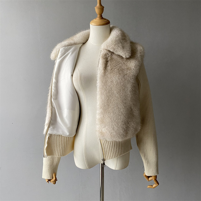 Jaxmonoy Women Winter Faux Coat Fashion Knitted Rib Patchwork Fake Fur Zipper Jacket New Design Lapel Warm Outerwear