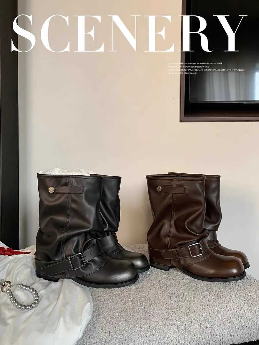 Designer Women's Vintage Slouchy Boots Ankle Boots Leather Buckle Belt Motorcycle Mid Calf Boot Casual Low Heel Slip On Round Toe Short Shoes J