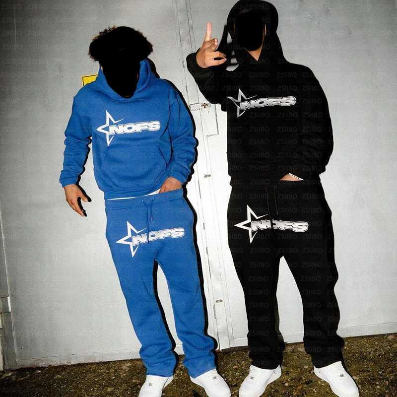Letter Men's Tracksuits NOFS Embroidery Fashion Brand Loose Oversized Hoodie Y2K Hip-Hop Streetwear women Pullovers Casual Top Pants Sportswear