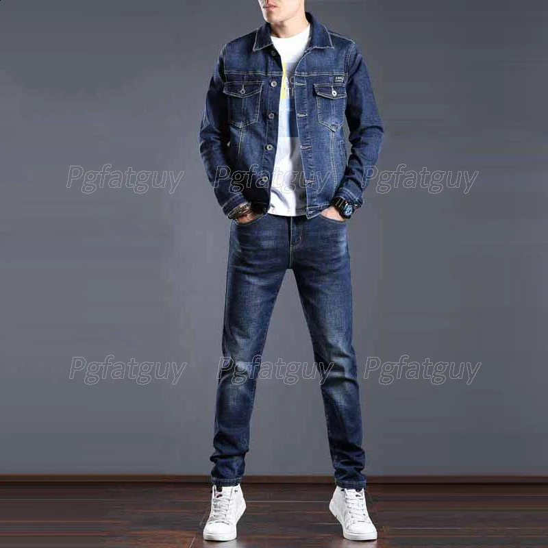 Simple Blue Men Two-Piece Sets Spring Autumn Denim Jacket and Jeans Fashion Slim Trendy Stretch Men's Clothing 260921
