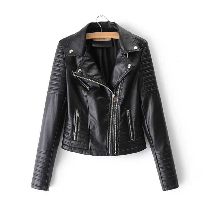 Autumn Spring and Simple Pure Color European and American Style Flip Collar Motorcycle Pu Leather Jacket Coat for Women C260921