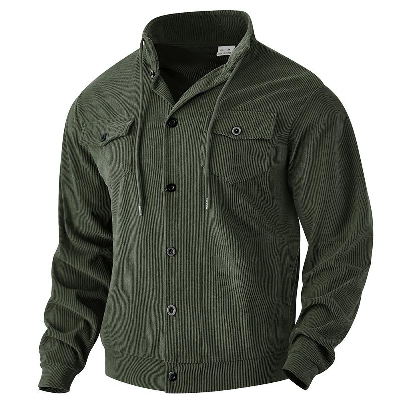 Veste en velours côtelé à manches longues pour hommes, fermeture à boutons, col montant avec cordon de serrage, deux poches à rabat sur la poitri