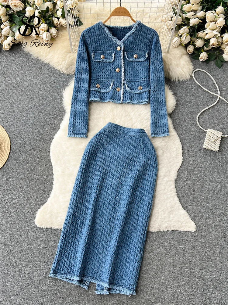 SINGREINY Women Office Lady Denim Suits Long Sleeves Autumn BlouseSplit Long Skirt Vintage Fashion Jeans Two Pieces Sets 260921