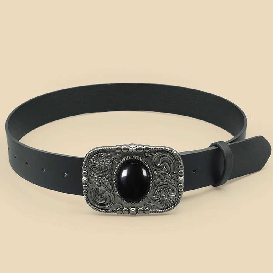 Belts Retro Black Turquoise Inlaid Women's Belt Western Denim Style Niche Women's Belt Carved Black Gemstone Belt Q260921