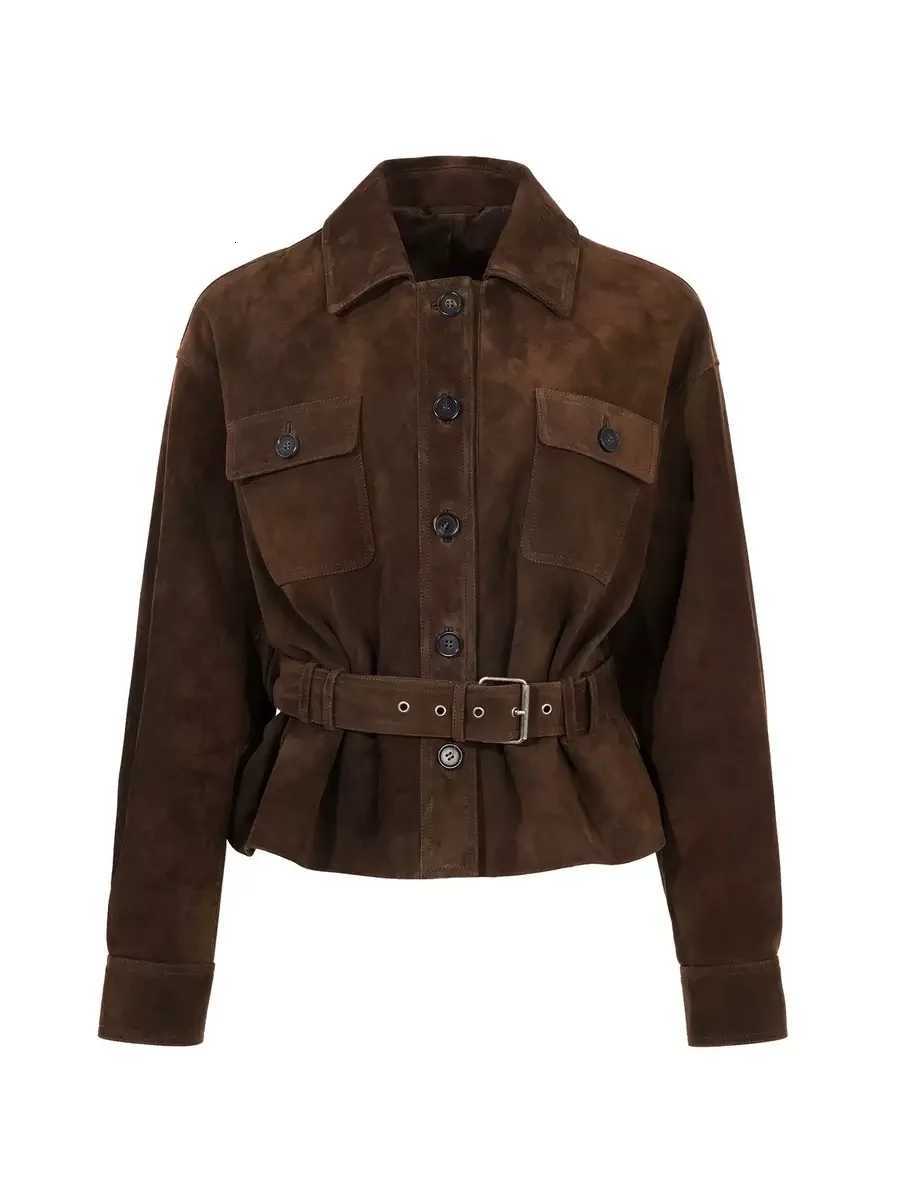 New Spring Brand Suede Leather Jacket for Women Collar Pocket 100% Sheepskin Slim Fit Coat With Belt Black Shirt Vestes Femmes C260921