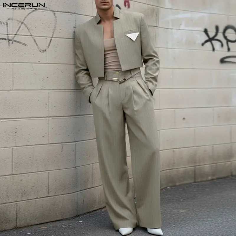 Tracksuits Men Sets Men's Striped Long SLeeve Open Stitch Crop Blazer Pants Two Pieces Sets Streetwear EleGant Fashion Men Casual Suits J260921