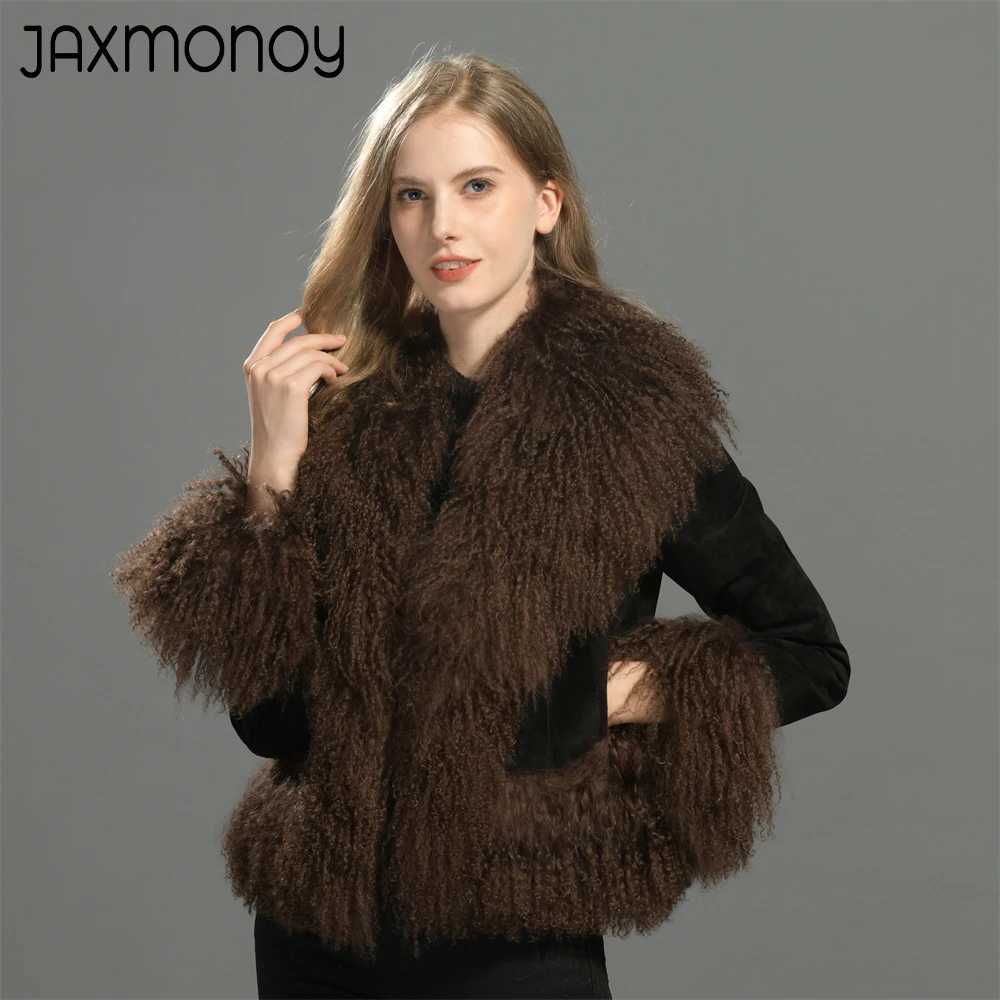 Leather Jaxmonoy Real Coat for Women Genuine Mongolian Sheep Fur Trim Suede Leather Jacket Winter Fashion Fluffy Fur Coats Fall C260921
