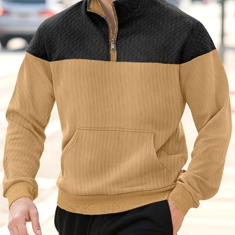 Pull à manches longues avec fermeture éclair sur un quart pour homme, design bloc de couleurs, tricot mixte gaufré et côtelé, col montant, poche