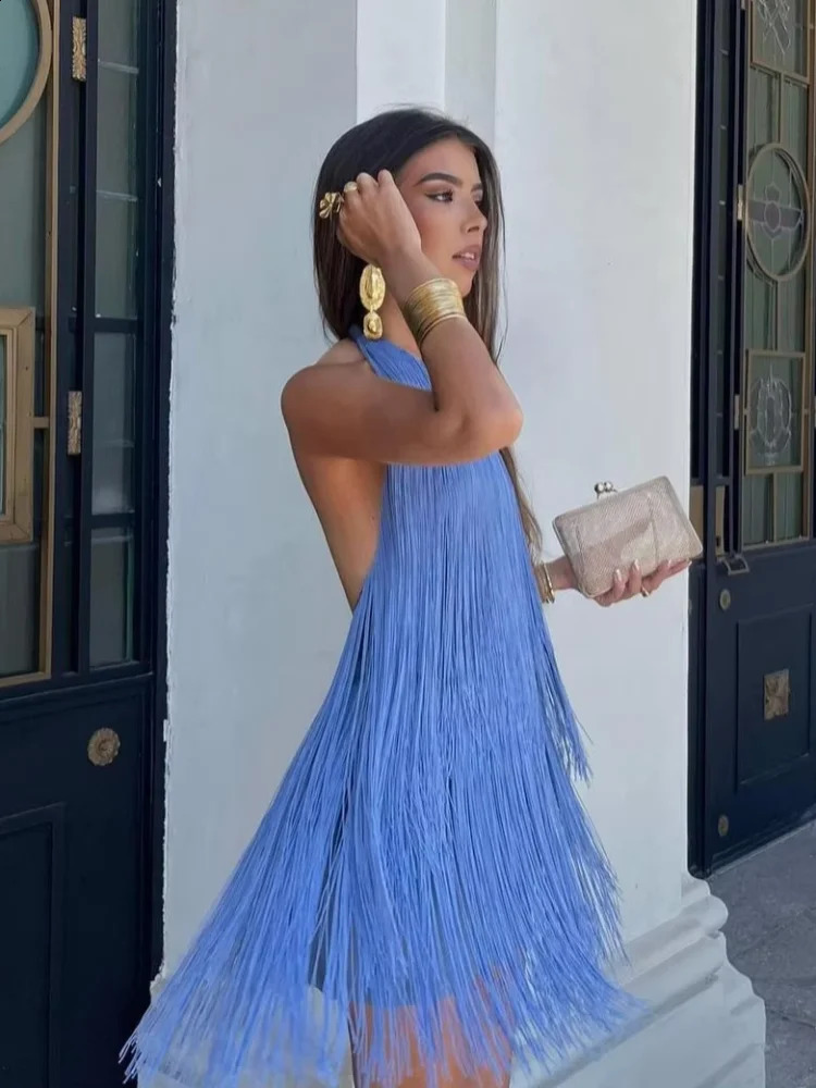 Chic Fringe Halter Mini Dress Women Sexy Sleeveless Offshoulder Backless Bodycon Dresses Lady Summer Vacation Beach Gowns 2026 260921