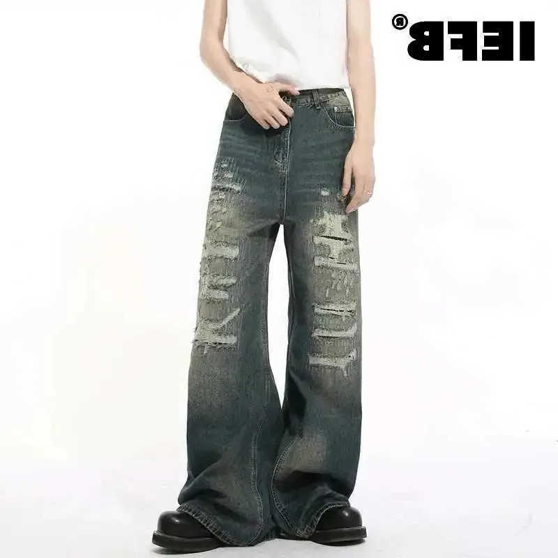 Pantaloni da uomo in denim IEFB con foro usurato Pantaloni Strtwear dritti Gamba larga Casual Uomo Autunno S260922T67O
