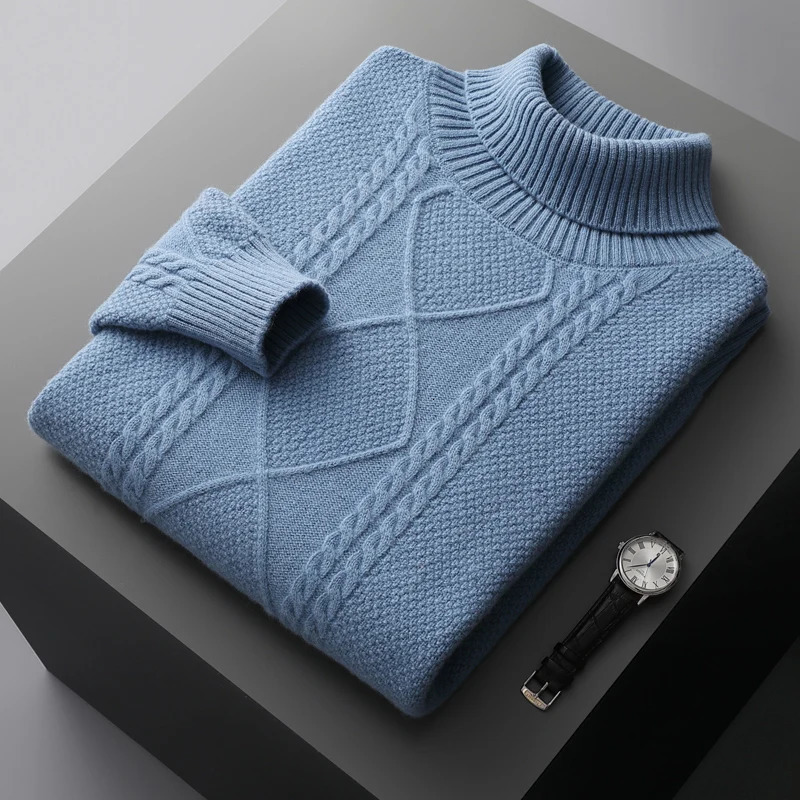 AutumnWinter Mens 100% Pure Wool Pullover Business Casual Solid Knitted Sweater Loose High Collar Tops Basic Thick Warm Jumper 260922