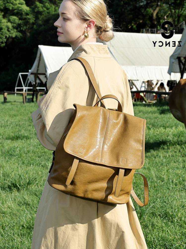 Style Zency Women Casual Backpack Backpack Soft Vegetable-tanned Leather Ladies Large Capacity Travel Bags Knapsack Rucksack For Commuters H260922