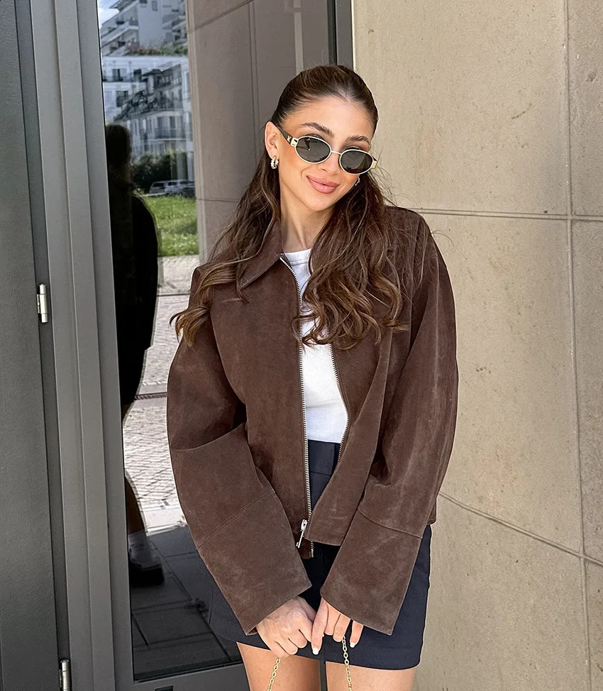 Women's Retro Brown Suede Jacket Loose Collar n Sense Autumn Commuting Outerwear Fashion Women's Clothing 260921