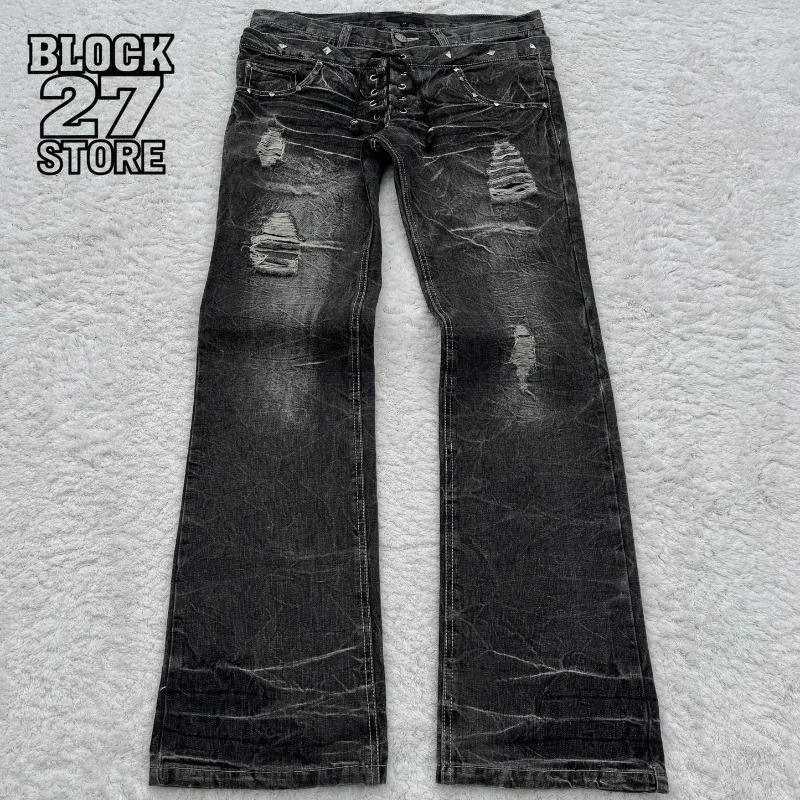 Mens Jeans Harajuku Vintage Streetwear Washed Distressed Ripped Denim Pants Double Waist Micro Flared Loose Fit Long Casual 260921