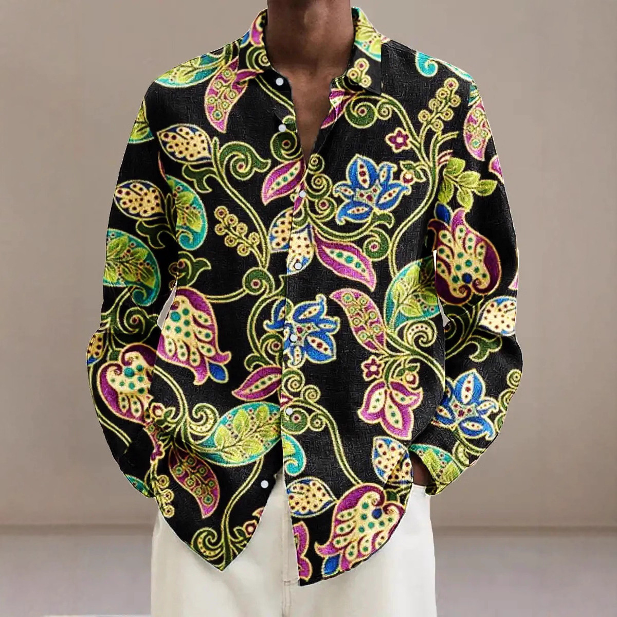 Hot selling European and American new regular collar men's 3D retro casual street long sleeved fashionable printed shirt