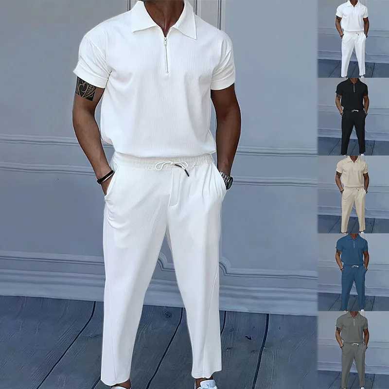New Summer Men's Tracksuits European and American Men's Solid Color Suit Lapel Short Sleeve Zipper Trouser Suit J260921