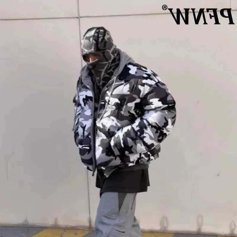PFNW Parkas Men's Winter Down New Camouflage Reversible Two Wear Zipper Hooded Quilted Padded Jacket Men's High Street Cotton-padded Coat