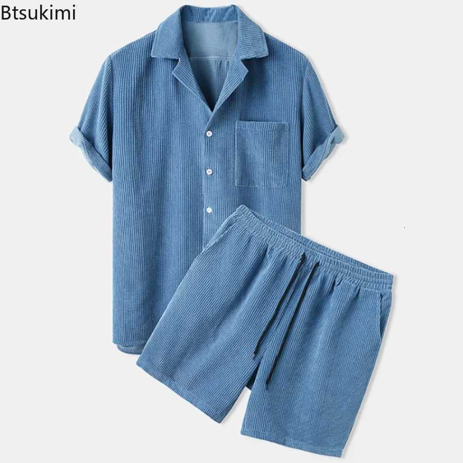 Tracksuits New 2026 Men's Summer Men Corduroy Shorts Sets Fashion Lapel Short Sleeve Shirts +Shorts Solid 2 Piece Set Mens Casual Sportswear Se