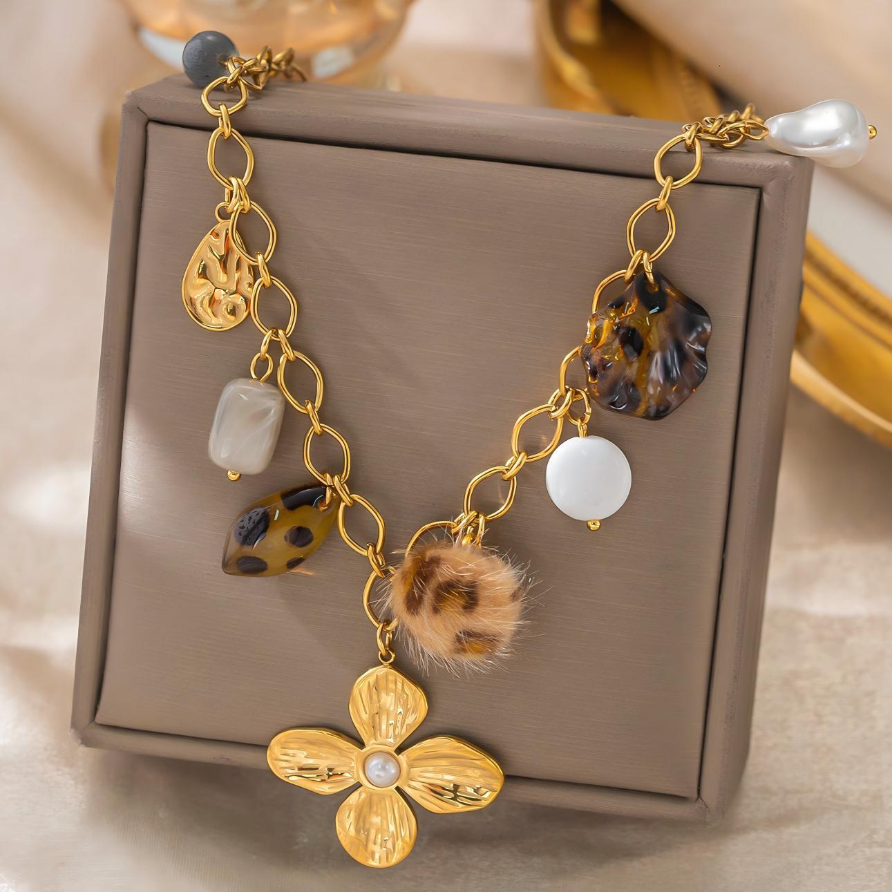 vintage stainless steel 18K gold-plated necklace with leopard print plush ball and pearl flower pendant