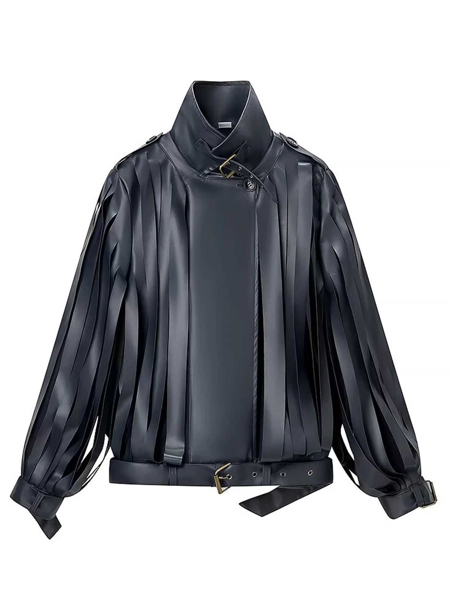 Lady 2026 New Autumn Retro Outwears Chic Leather Jacket For Women Lapel Long Sleeve Oversize Coat With Belts Cutting Streetwear C260921