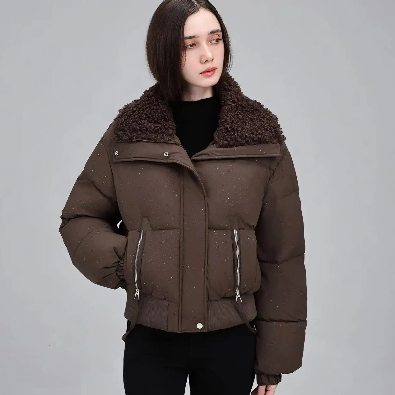2026 Winter Womens Fur Collar Parkas Coat Fashion Shiny Fabric Turn Down Thicken Warm Short Jacket Female Casual 260922