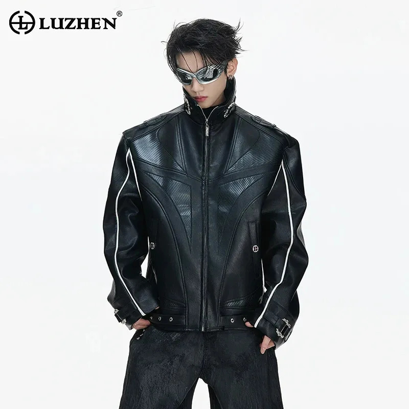 LUZHEN 2026 Stylish Stripe Original Patchwork n Stand Neck Leather Jacket Men's Trendy High Quality Motorcycles Coat JY6331 260916