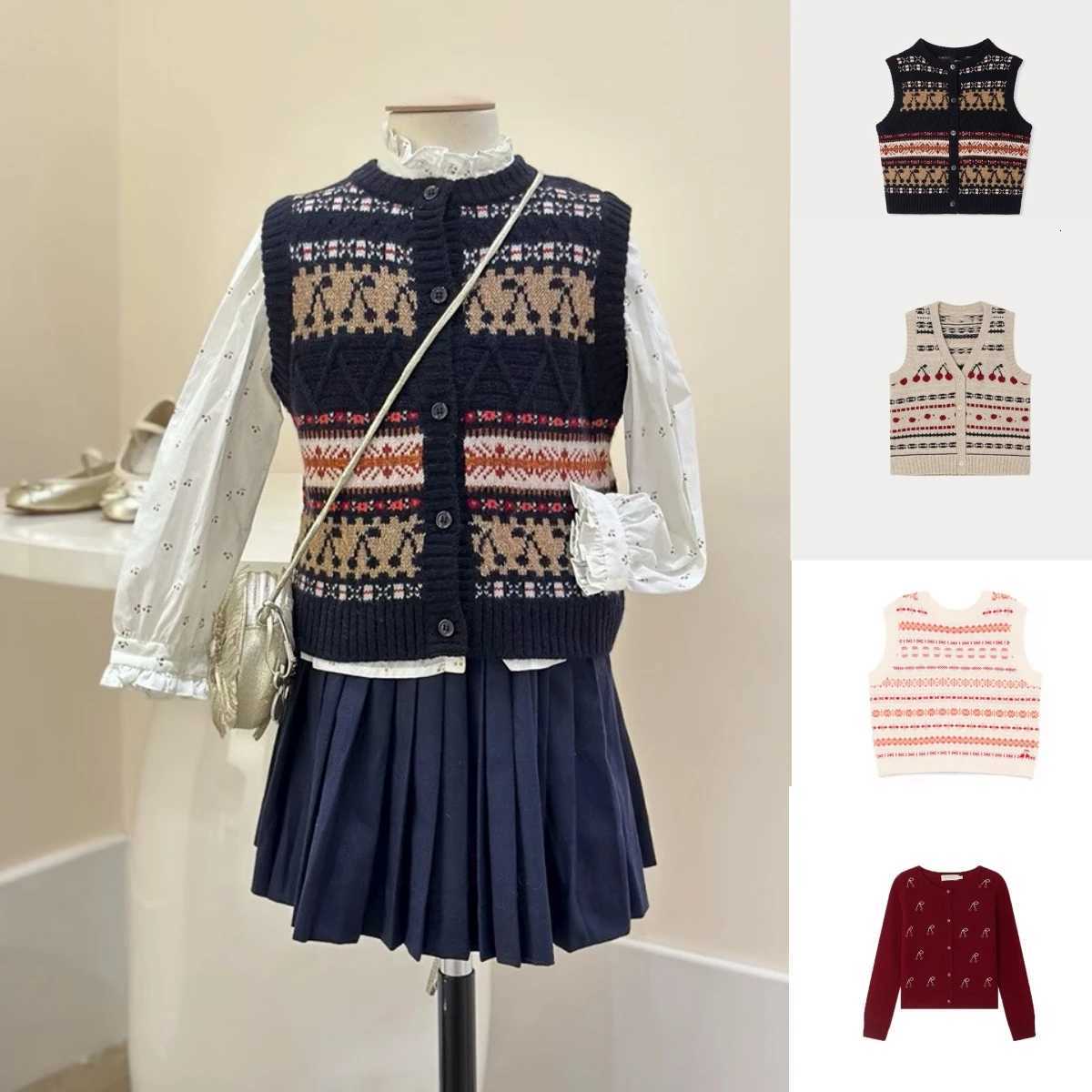 Mother Kids 2026 New Pullover Spring Summer Baby Girls Cherry Knitted Vest Cardigan Children's Costumes Sweaters Top and Bottoms Clothing C2609