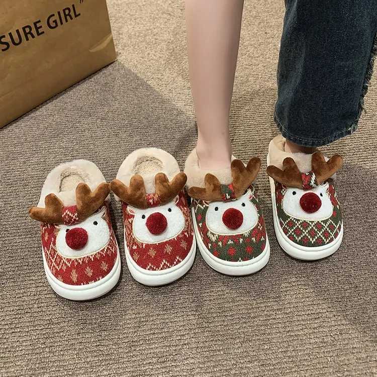 Adorable Christmas Deer Cotton Slippers Women's Winter Home Warm Anti-slip Plush Cotton Slippers Soft Rubber Sole Casual Slip-On T260922