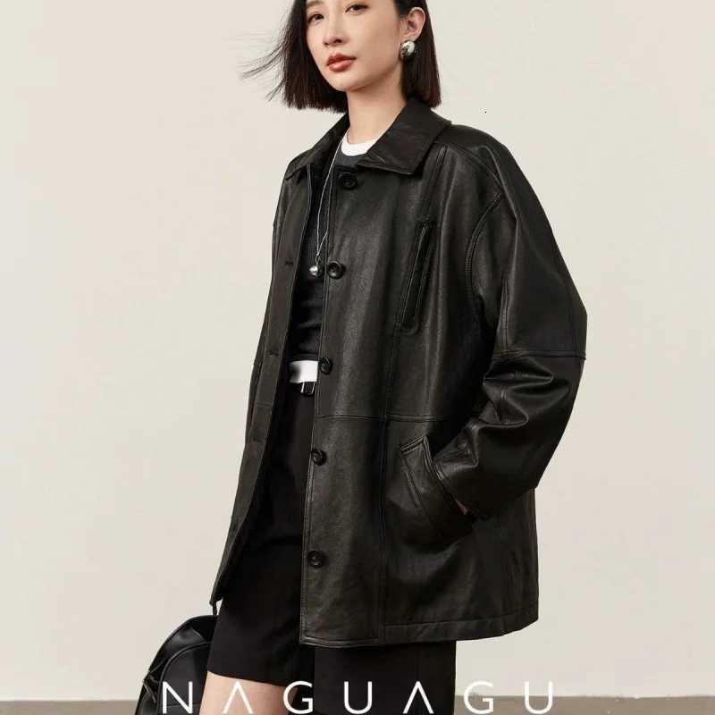 Genuine Leather Women's Trench Coat Full-Grain Sheepskin Tanned Outerwear Classic Turn down Collar Uncoated Traditional Style C260921