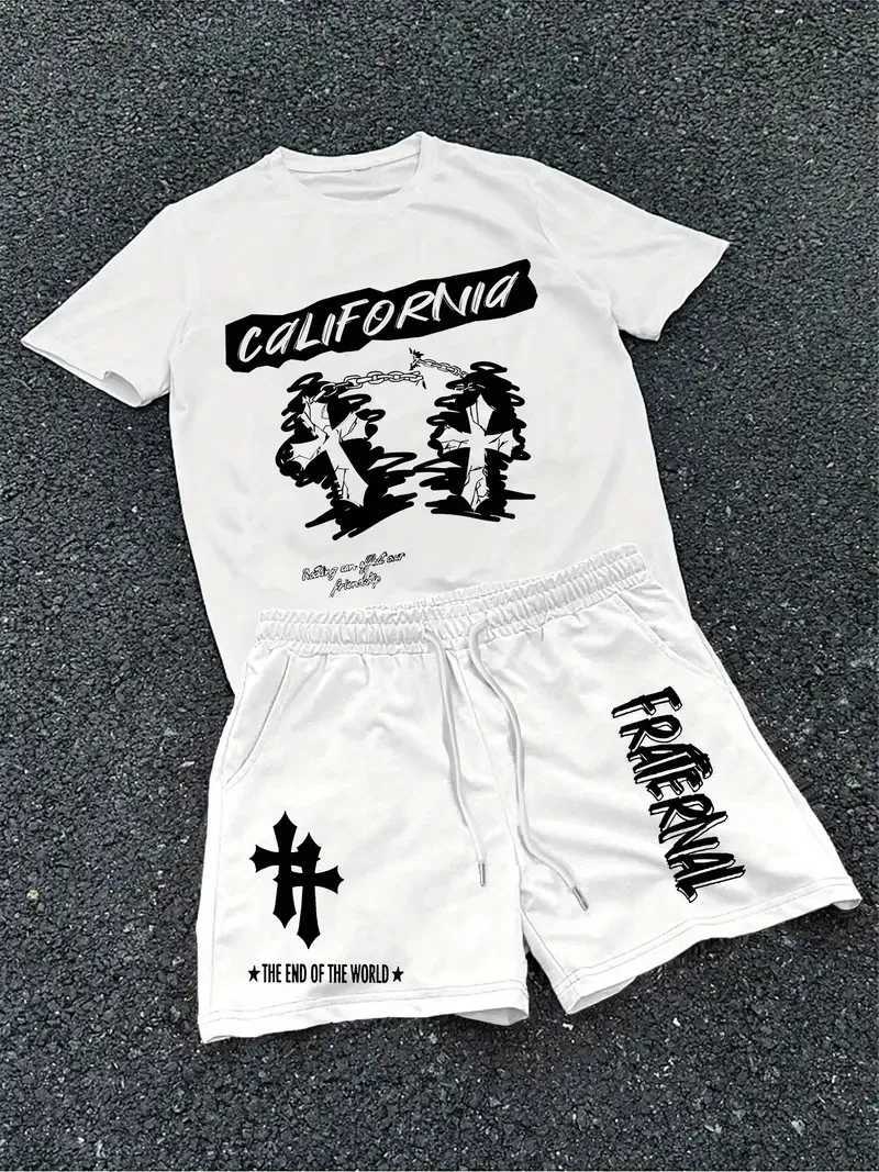 Tracksuits The 2025 Men's summer new men's set features street hip-hop casual fashionable comfortable and soft 3D cross pattern print J260