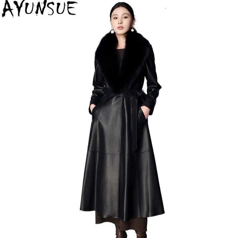 Leather AYUNSUE Genuine Jacket Women Long Sheepskin Trench Coat Woman 2026 Winter Down Jackets Warm Fox Fur Collar Detachable C260921