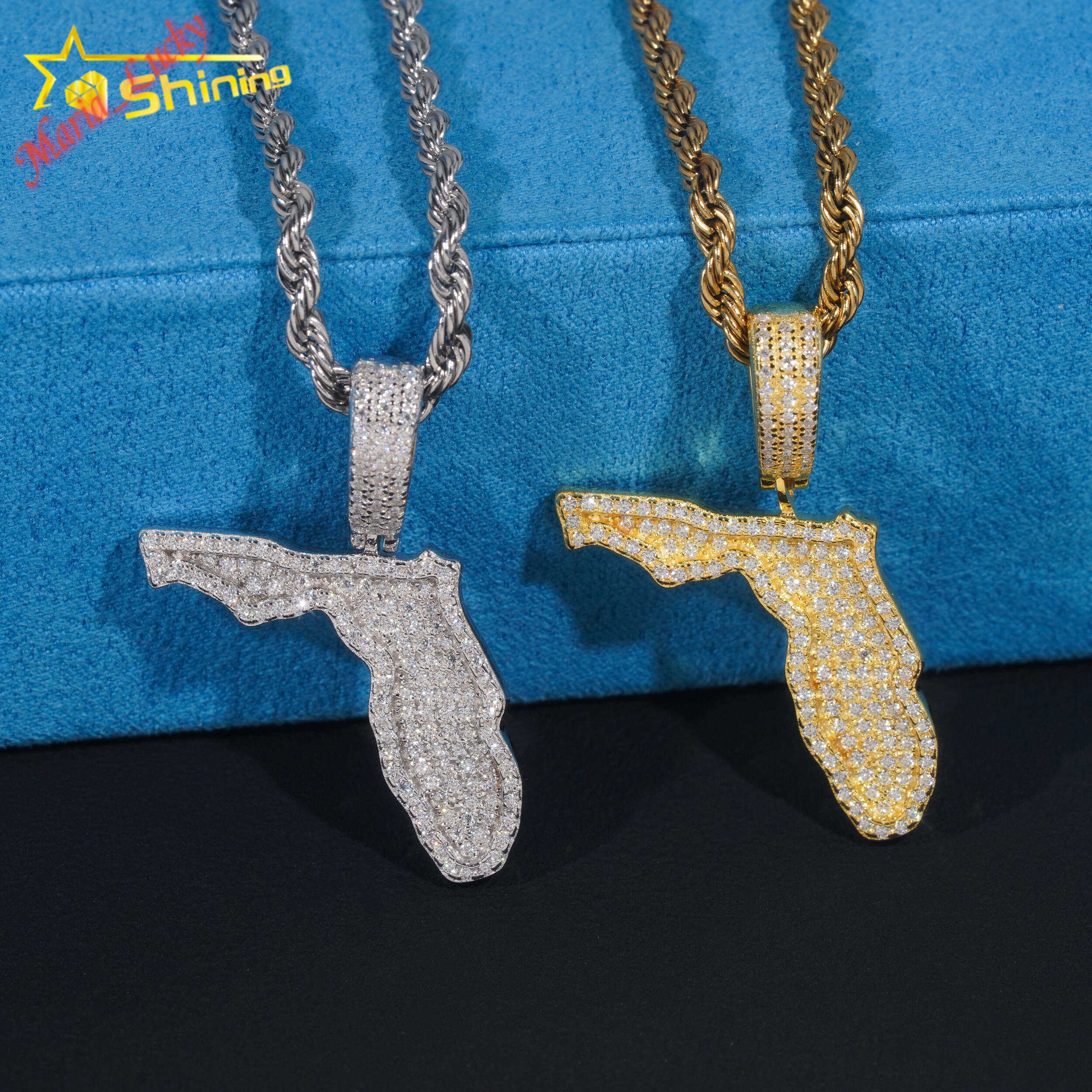 New Hot Sale High Quality Iced Out VVS Moissanite Florida Map Pendant S925 Sterling Silver with GRA Certificate Pass Diamond Tester Hip Hop Rapper S