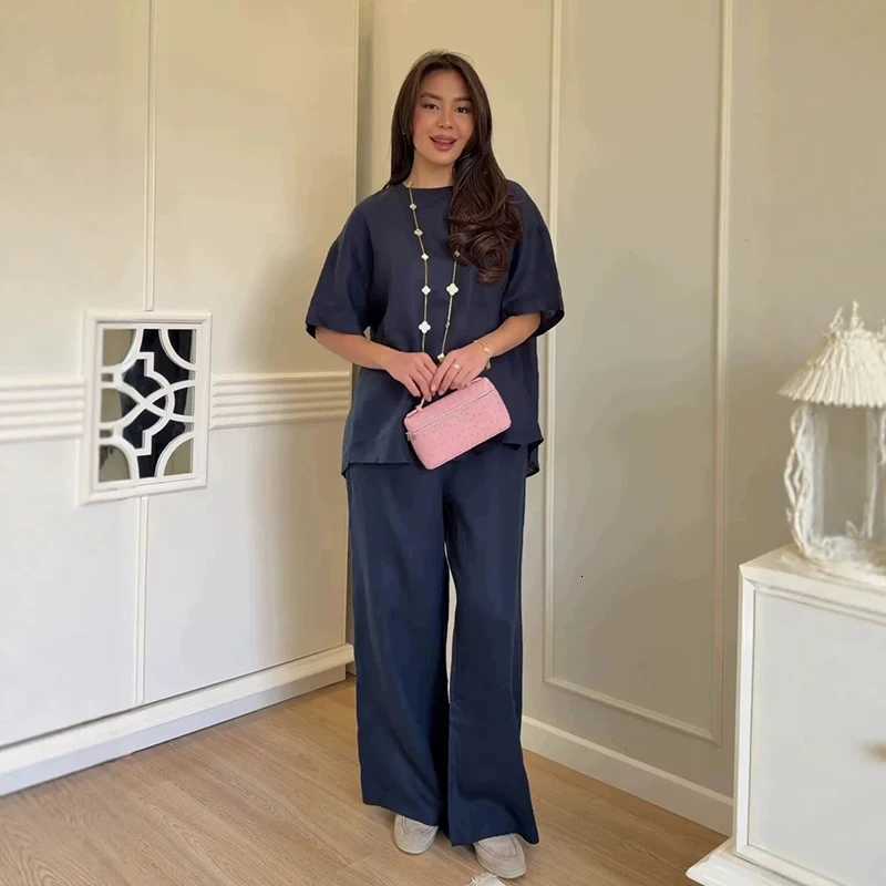 Round Baseball Denim Sets Washed Neck Oversized Short Sleeve Top Pleated Wide Leg Pants 2-Piece Set 2026 Summer Casual Women Chic Outfit N260922