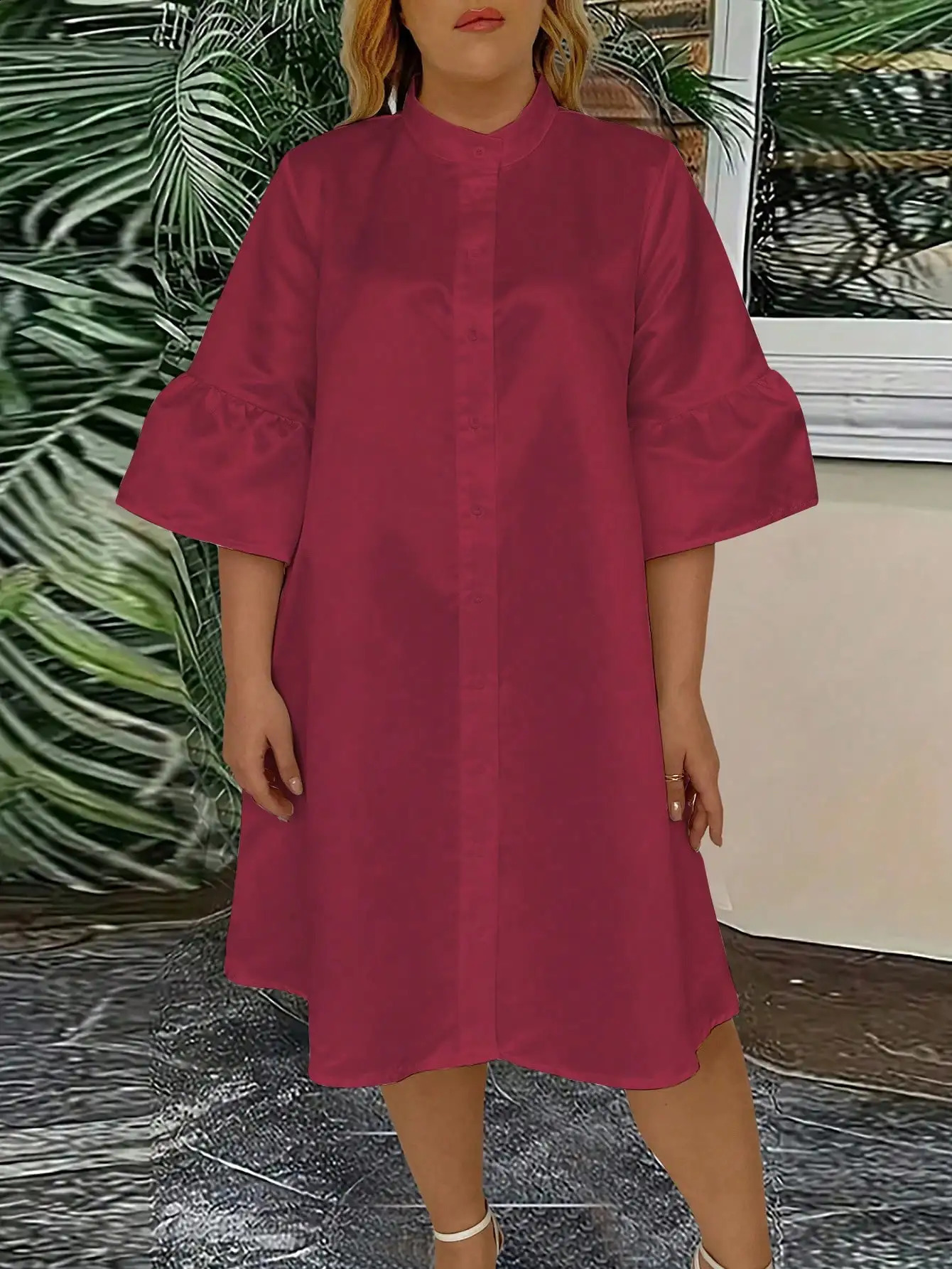 Abito camicia taglie forti da donna Colletto alla coreana casual Manica a campana Abito tunica abbottonato Mini abito tinta unita allentato per donn