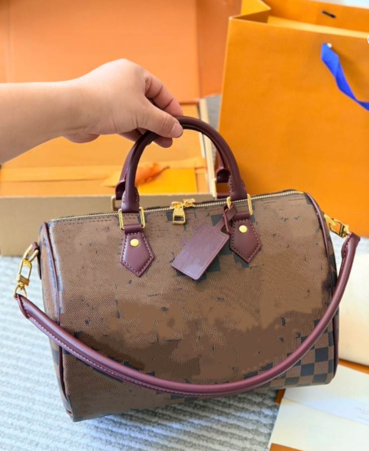 Brown Grid Top quality 10A Women Travels Boston P9Speedys30CM Shoulder bag Designer tote crossbody bag Boho Soft 30 handbags Pillow bags calf leathe