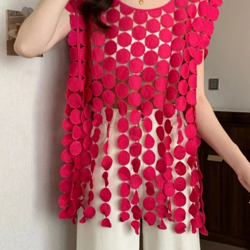 2026 Spring Summer Dopamine Style Rose Red Hollow Out Irregular Vest Suspender Women Chic Thin Stacked Tank Top 260922