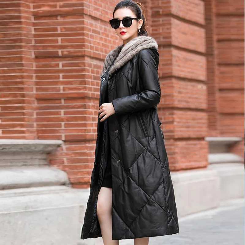 Down Women's Leather Jacket Hooded Lace Up Warm Long Coat Mink Fur Collar Sheepskin Coat Genuine Leather Winter C260921