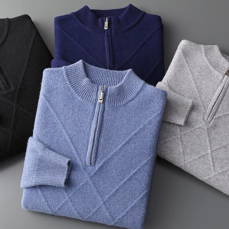 Mens 100% Pure wool Pullover Thickened Warm Zipper Sweater High Collar Loose Top Business Leisure Solid Knitted 260922