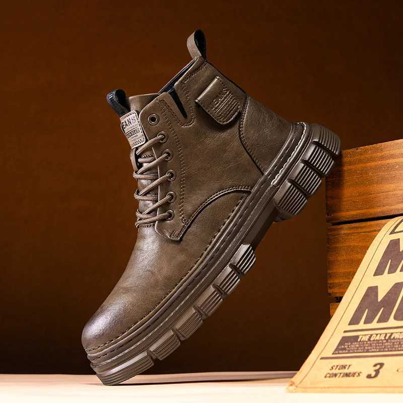 Designer Motorcycle Boots Mens Leather Boots Laceup Thick Platform Sole Ankle Boots Male Autumn Winter Casual Shoes Outdoor Treking Footwear J260922