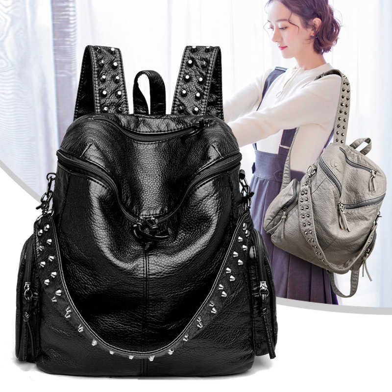 Backpack Backpack Washed Style Leather Large Capacity PU Soft Leather Punk Style Casual Backpack Women Vintage Travel Bag H260922