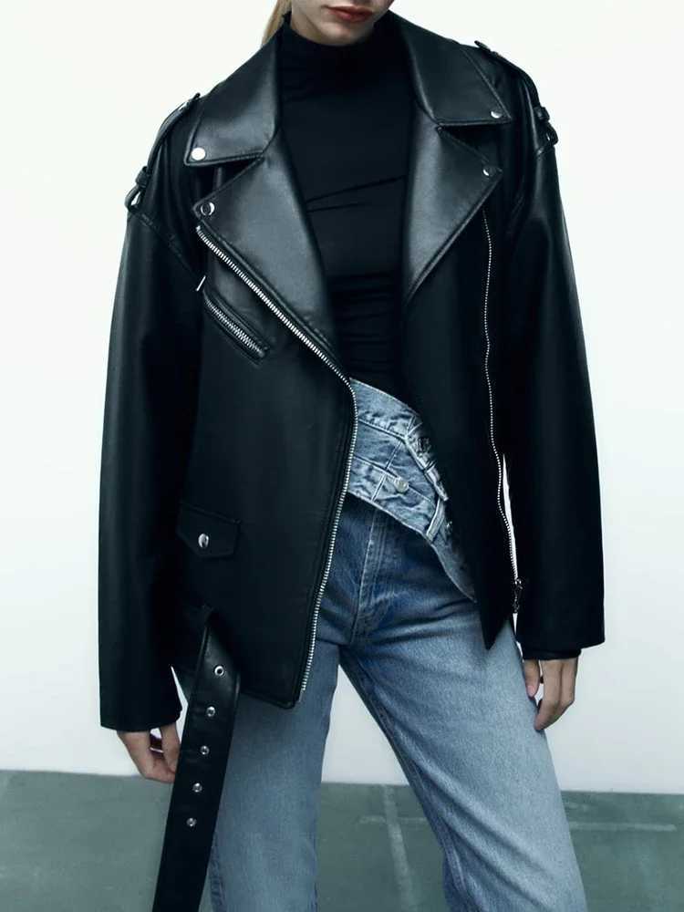 Faux Women's Leather Leather Women Loose Motorcycle Biker Black Pu Faux Leather Jacket with Belt Spring Autumn Female Zipper Coat Outwear New C