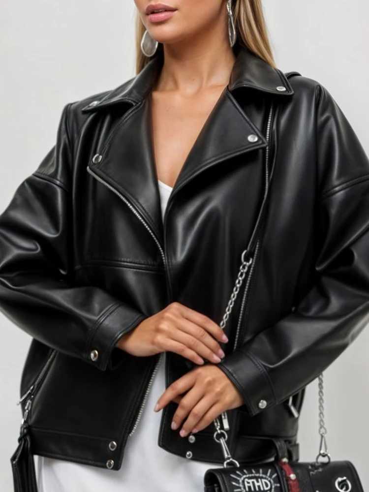 Leather Faux Women's Leather Ailegogo Streetwear Women Moto Biker Loose Black Pu Faux Leather Jacket Spring Autumn Female Zipper Belt Coat Outw